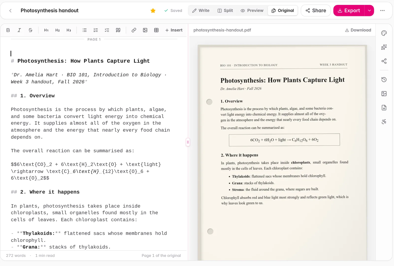 The Gleamdoc editor with a scanned handout on the right and its clean text on the left