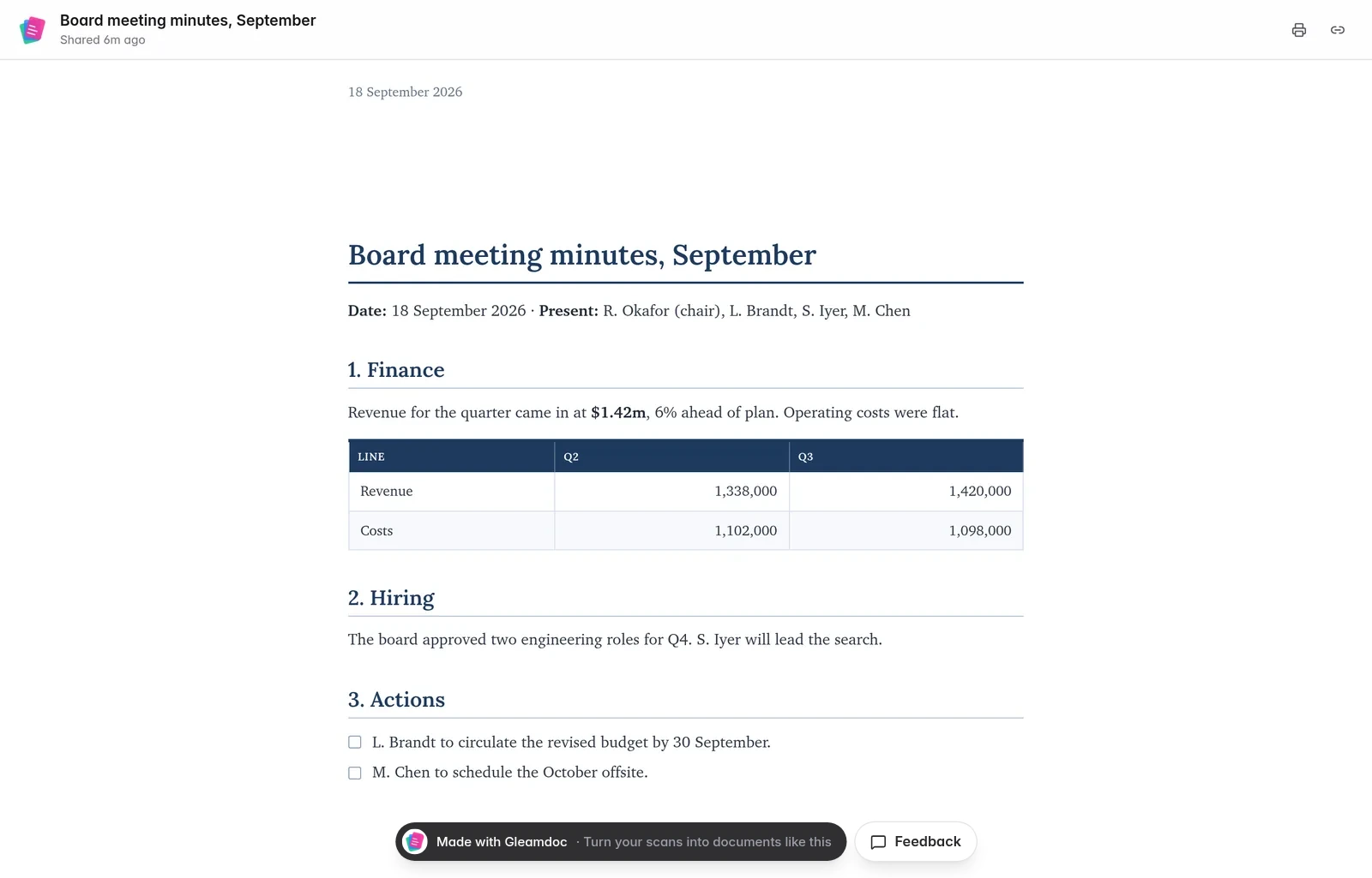 Board meeting minutes on a shared Gleamdoc page