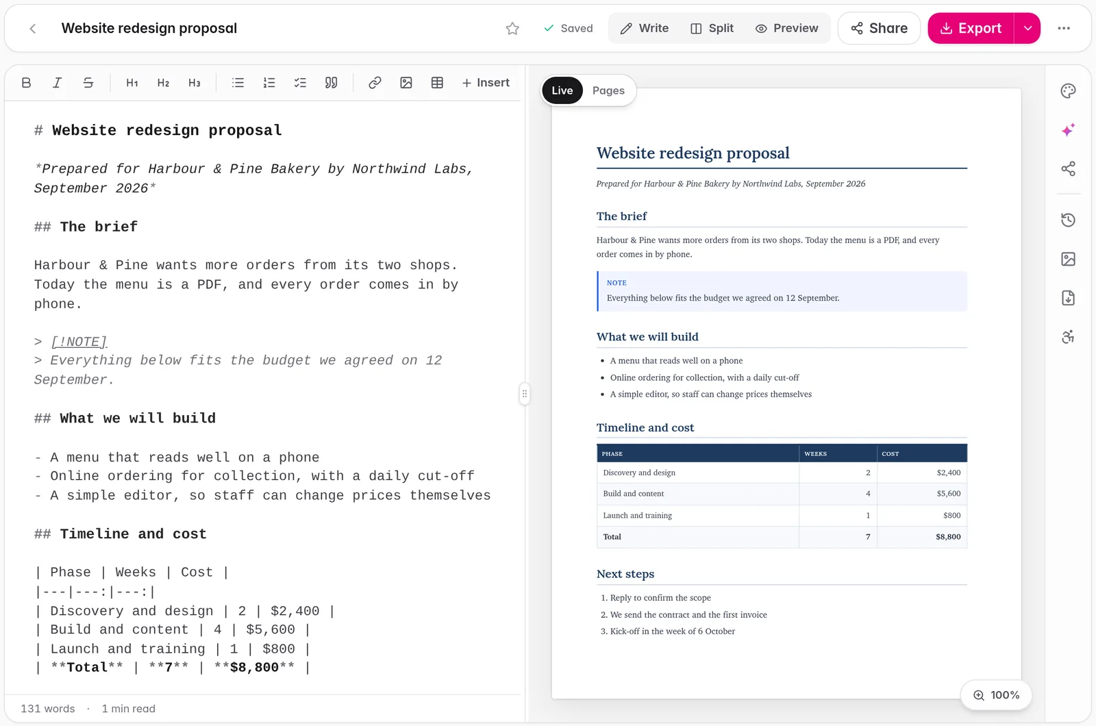 A proposal written in Markdown in the Gleamdoc editor, beside its themed preview with a note callout and a cost table